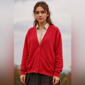 Vintage Levi's Womens Red Soft Button‎ Sweater with Pockets sz L Preppy Academia